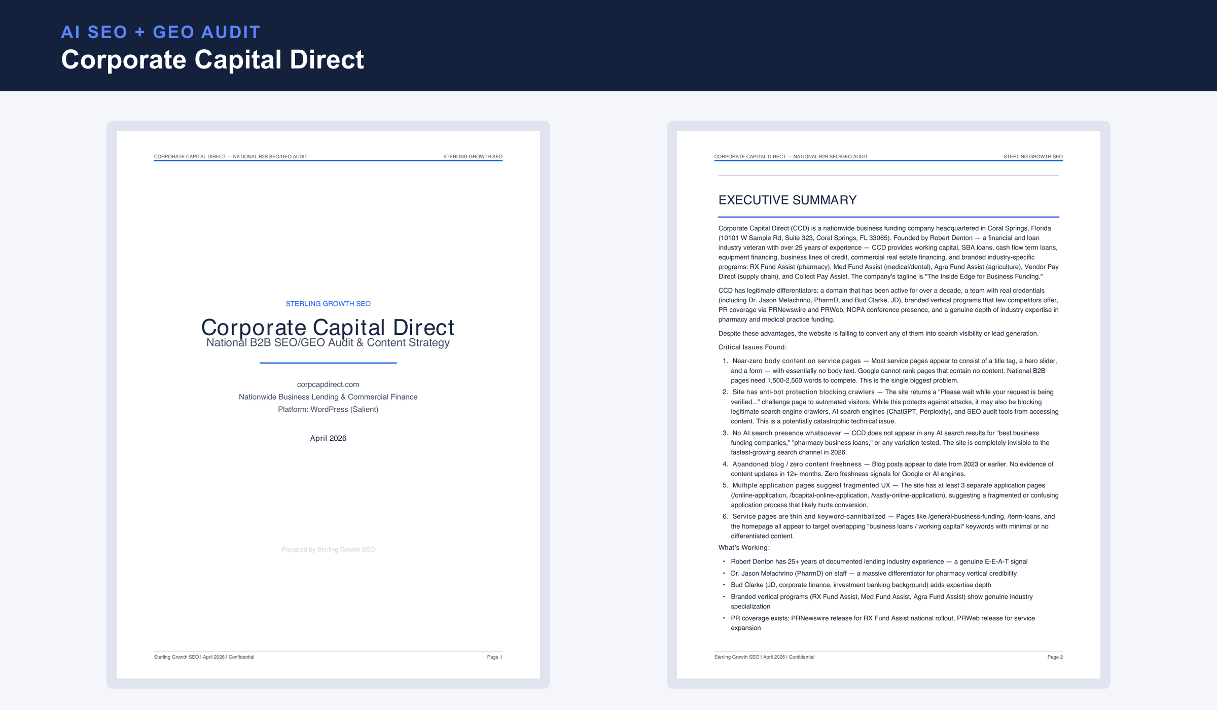 Private preview of the Corporate Capital Direct AI SEO and GEO audit
